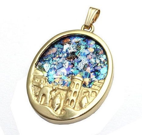 14K gold Jerusalem pendant with ancient Roman glass