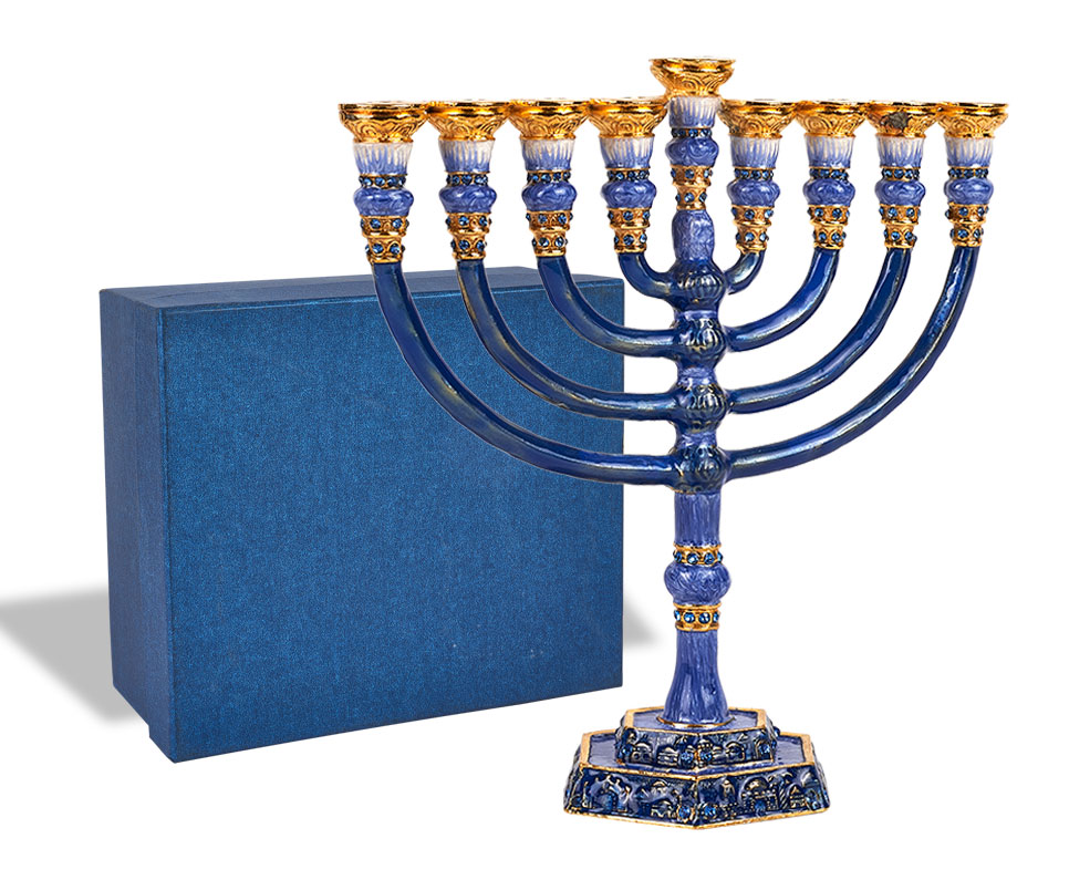 Intricately Detailed Jeweled Temple Menorah - Blues