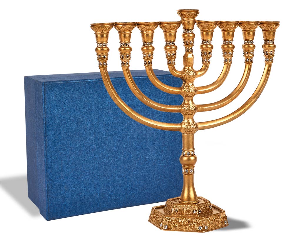 Intricately Detailed Jeweled Temple Menorah - Gold