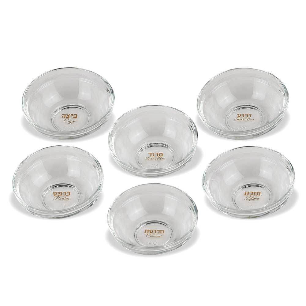 Seder Plate Glass Dishes Liners for Passover Symbols - Set of 6 with Gold Print