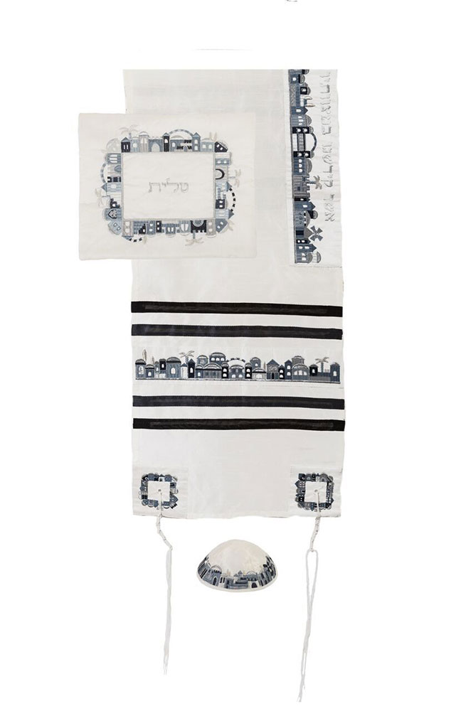 Tallit- Embroidered Jerusalem in Black
