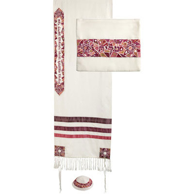 Raw Silk Embroidered Tallit Set - Maroon/Pink Stars of David