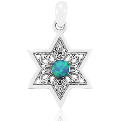 Sterling Silver Star of David Pendant - Filigree with Opal