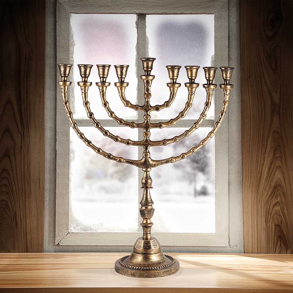 Large Traditional Menorah uses Candles or Oil - Gold - Zion Judaica